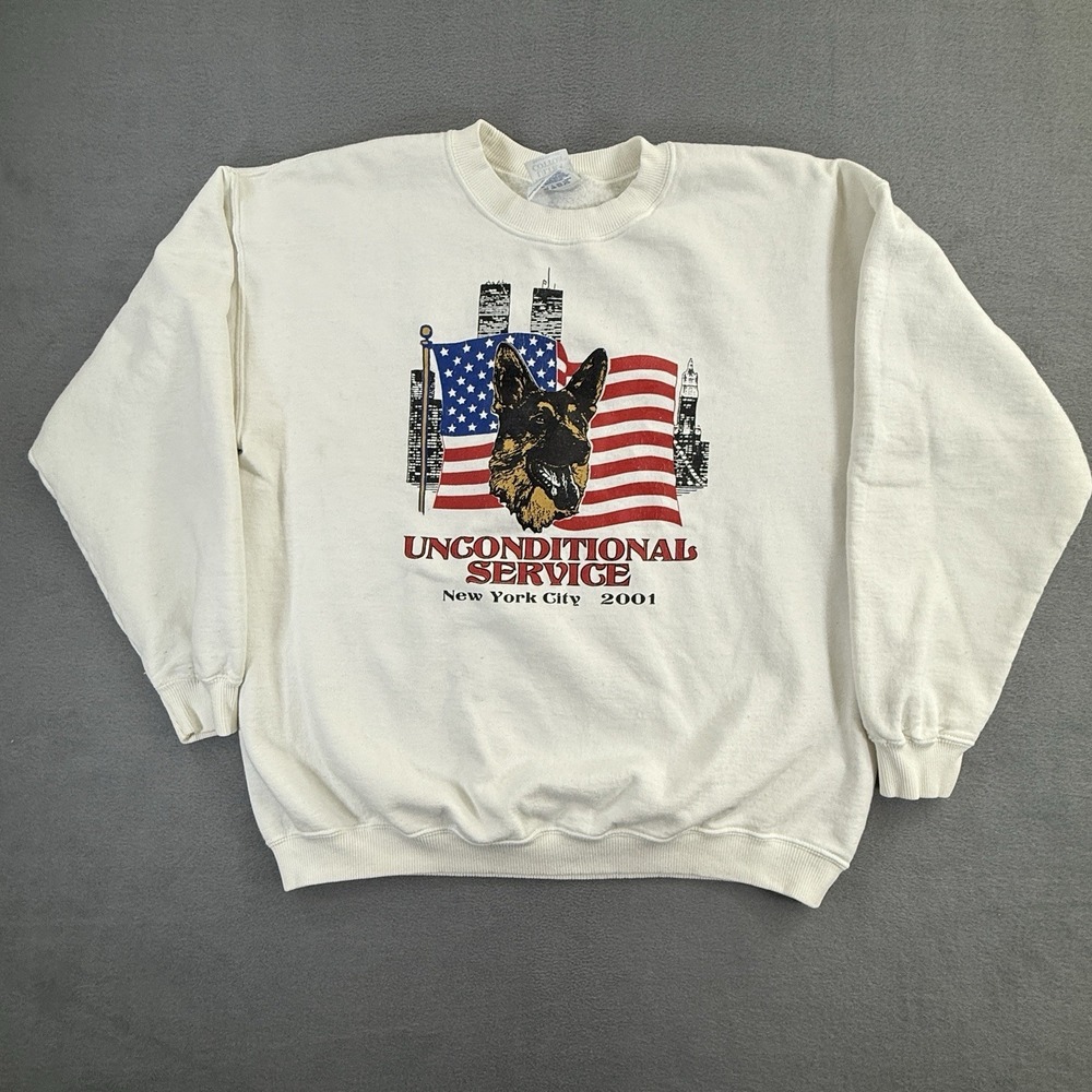 Vintage Flag 9/11 Tribute Sweater Men's Large Made‎ in USA Police Dog